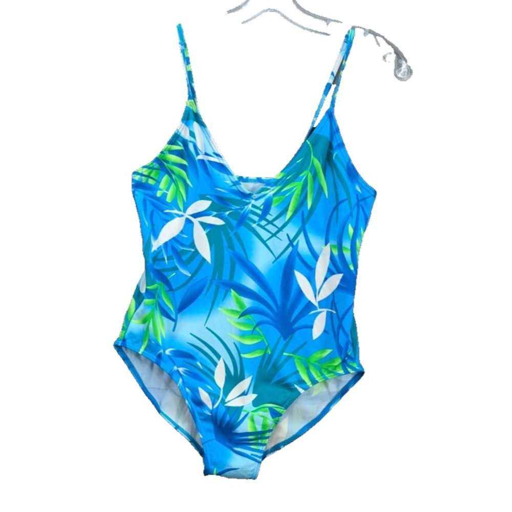 On Shore Women's One Piece Swimsuit Swimwear Blue Tropical Stretch Size L NWT